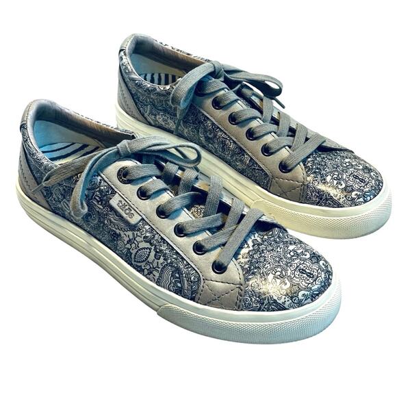 Taos Women’s Sz 7.5 Gray Paisley Taupe Leather Sneaker Plim Soul Lux Lace Up - Picture 5 of 11